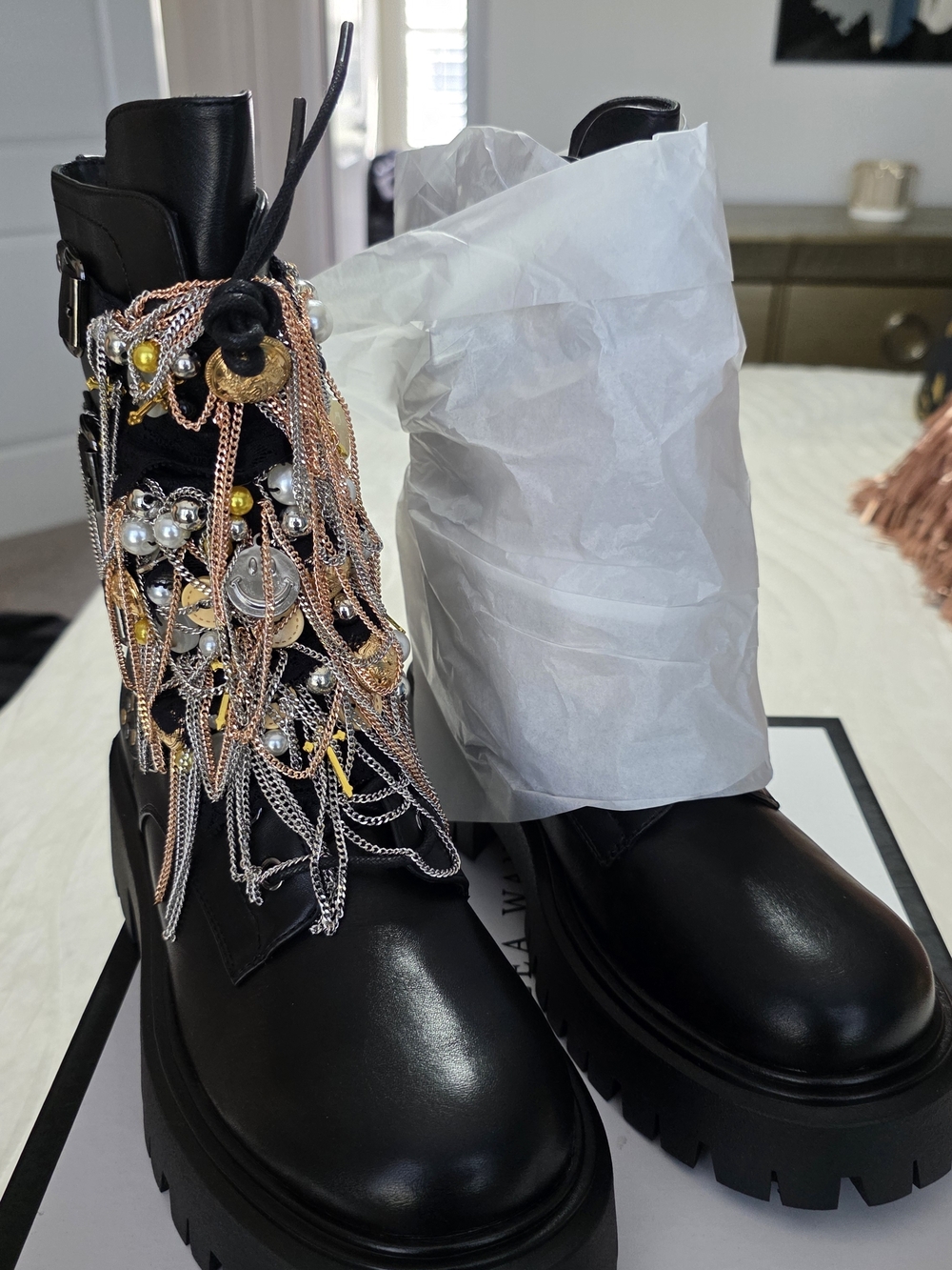 AKIRA Black Combat Boots with Mixed Metal Chain & Bead Embellishments